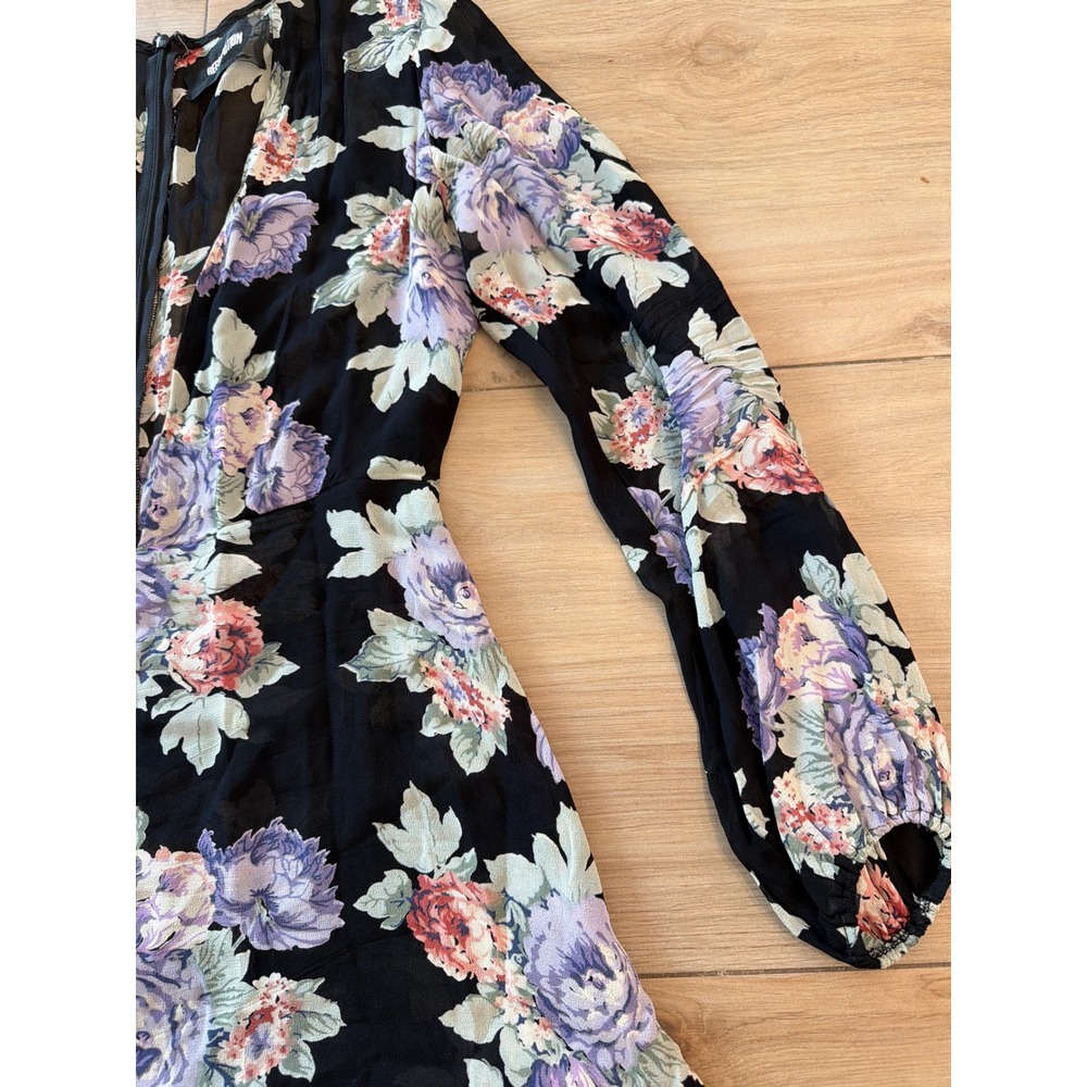 Reformation Floral Mini Dress Black Purple Long Sleeve V-Neck Fit & Flare - Picture 3 of 8